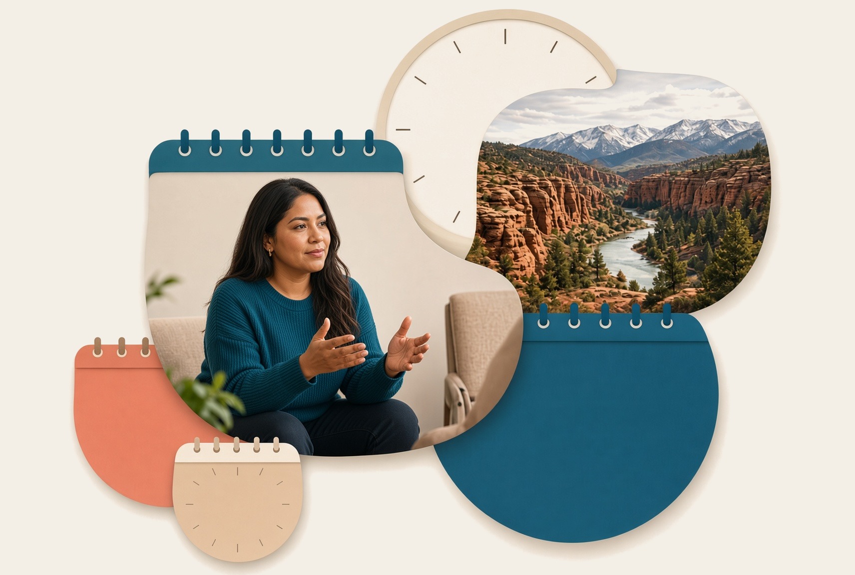 Counseling and Western Slope landscape collage with calendar and clock shapes