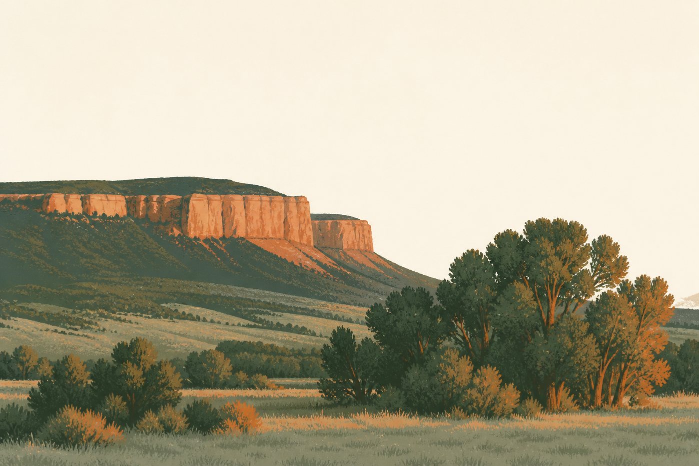 Western Slope mesa and cottonwoods at late light